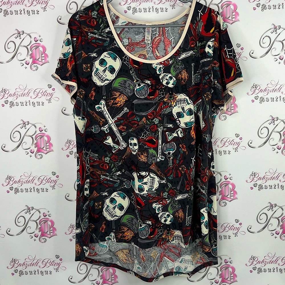 LuLaRoe tshirt top Skull and Crossbones Short Sleeve Top - Black and Red